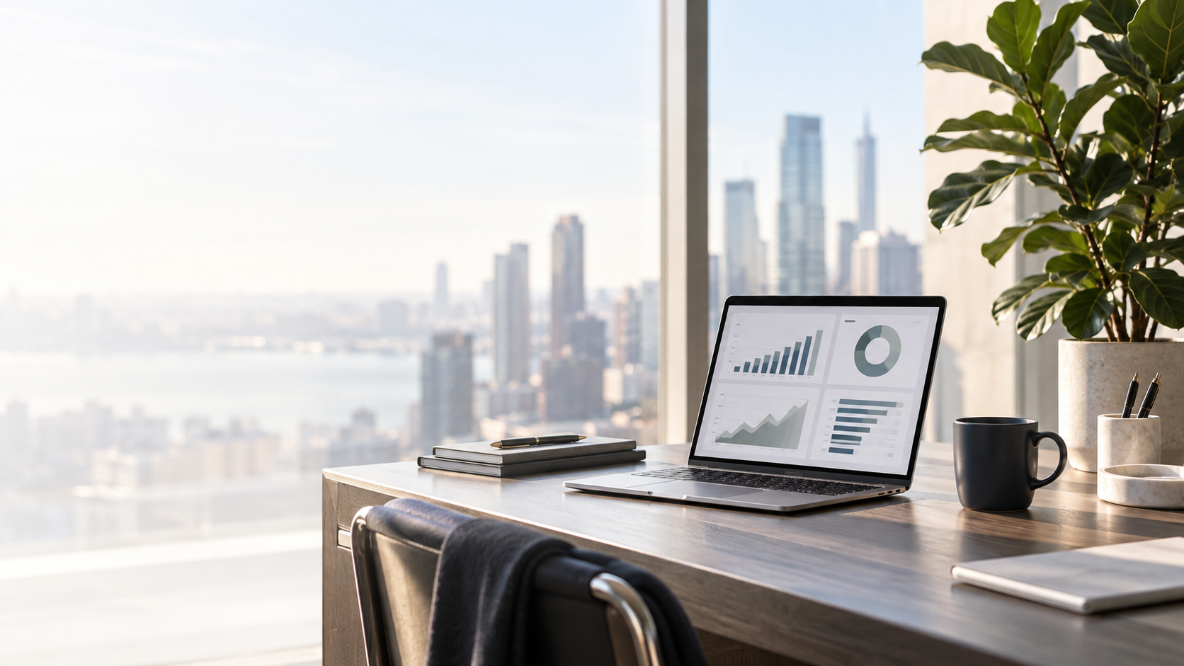 Financial dashboard workspace with laptop and plant